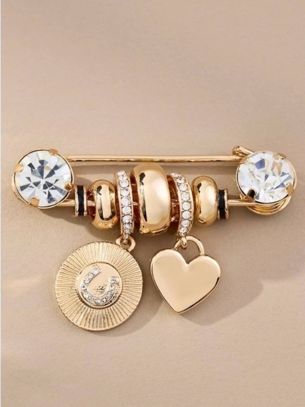 Gold Heart & Disc Charm Safety Pin Brooch by Anthropologie